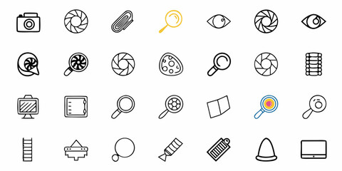 Collection of various line art icons including camera, eye, magnifier, and other miscellaneous objects