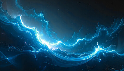 Abstract fractal glowing waves with a powerful light source in the center under a blue night sky, symbolizing energy and creation. Smooth marine color background with sparkle details and text space