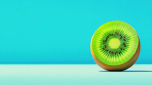 Healthy kiwi fruit slice on bright blue background, copy space
