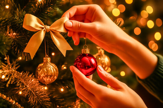  AI-Generated image of hands carefully decorating a Christmas tree with a shiny red ornament and a golden ribbon bow.