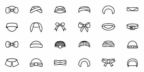Collection of twenty two outlined headwear items including hats bows and headbands in vector format
