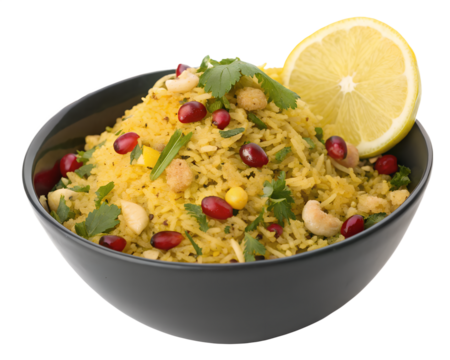 Indori poha, flattened rice tossed with fennel seeds, peanuts, sev, pomegranate seeds, curry leaves, lemon wedge on top
