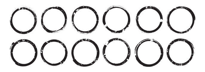 Paint brush round stain, ink stroke circle. Watercolor line frame, coffee ring, wine stamp. Grunge circle shape cup, outline chinese mark. Chalk texture border isolated on white bg Vector illustration