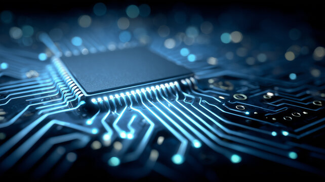 Microchip on a motherboard embodying advanced computing, artificial intelligence processing and the power of modern electronics.
- Powered by Adobe