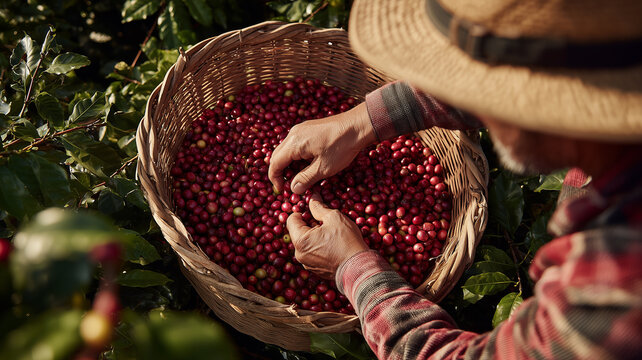 Farmer hands selecting ripe coffee cherries in a basket, conveying craftsmanship, ethical sourcing and sustainable agriculture.
