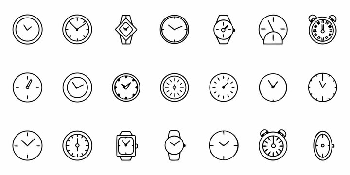 Collection of various clock and watch outline icons showing different times and styles in black and white