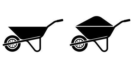 Two simple black silhouette icons of a wheelbarrow one empty and one filled with dirt on a white background representing construction and gardening tools