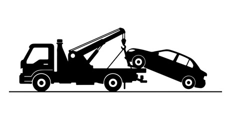 Naklejka premium Silhouette of a tow truck in black and white lifting a car with its boom and hook for towing services or roadside assistance on a white background