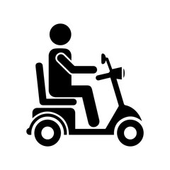 Simple black silhouette icon of a person riding a mobility scooter representing independence and accessibility for seniors and disabled individuals
