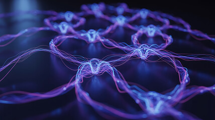 Abstract glowing purple and blue interconnected network of digital particles and light trails