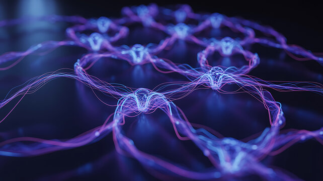 Abstract glowing purple and blue interconnected network of digital particles and light trails