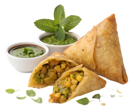 punjabi samosa, two triangular pastries broken open to reveal spiced potato-pea filling, mint chutney dollop
