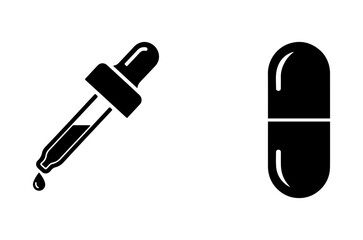 Black silhouette of a dropper with a drop of liquid falling next to a black capsule on a white background representing medical treatment options