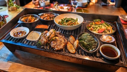 sizzling grill with various asian dishes served at a vibrant restaurant in the evening