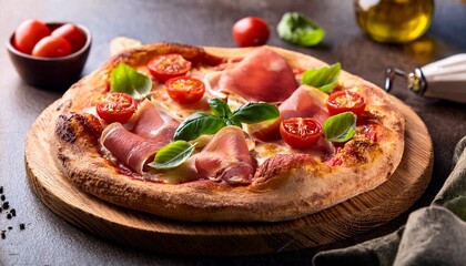 freshly baked pizza topped with prosciutto cherry tomatoes and basil on a wooden board