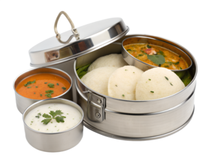 South Indian tiffin, three soft idlis in a steel tiffin box, small cups of coconut chutney and sambar with vegetables,