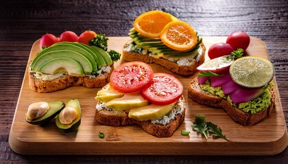 colorful healthy sandwiches on wooden board