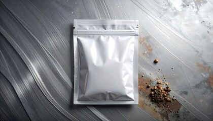 Silver Pouch Packaging Mockup on Textured Surface with Spices.