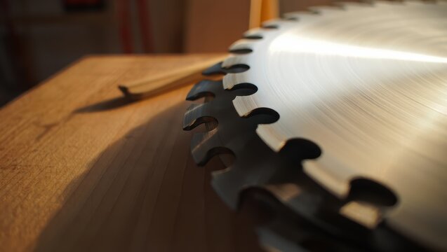 Close-up of a circular saw blade resting on a wooden surface