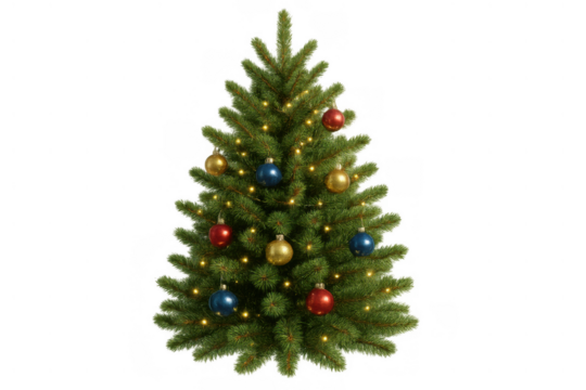 Christmas tree decorating with colorful ornate balls and glowing lights on transparent background - Powered by Adobe