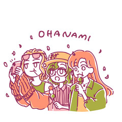 シンプルかわいい手書きの春コーデ女子たちがお花見をしているイラスト素材