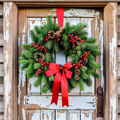  AI-Generated image of a classic Christmas wreath hanging on a weathered wooden door.
