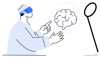 Individual wearing VR headset exploring digital brain representation with data points. Ideal for neuroscience, technology, innovation, education, virtual reality, artificial intelligence, simple flat