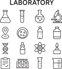 Vector monochrome line icon set about laboratory