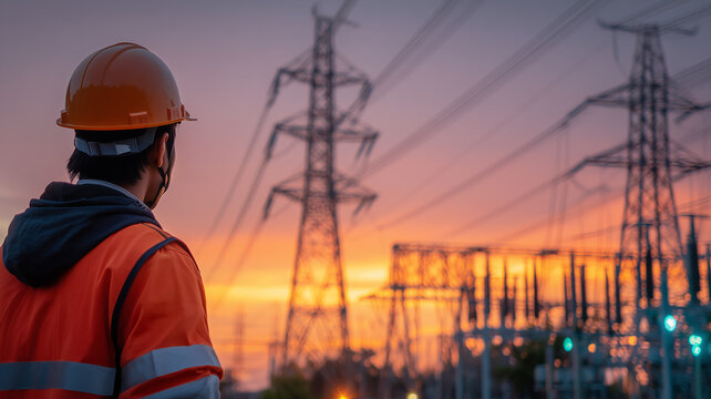 Power grid worker observing transmission lines to represent infrastructure reliability, energy supply continuity and field safety.
