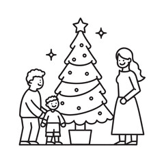 Family Admiring Their Decorated Christmas Tree Silhouette