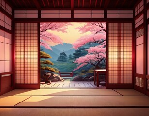 japanese interior with cherry blossom view