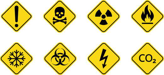Hazard danger vector signs set. Radiation sign, High voltage sign, Exclamation point, Biohazard sign, Gas flame sign, Toxic sign, Laser, CO2, Magnet, Low temperature, EX. Road, Caution warning danger