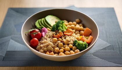 healthy bowl of quinoa roasted chickpeas and fresh vegetables served on a minimalist dining table