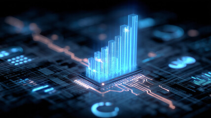 Tall data columns rising from an integrated circuit, symbolizing accelerating growth and intelligent computing. 