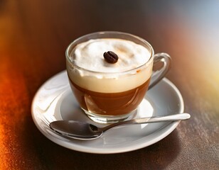 a refreshing espresso macchiato topped with whipped cream and a single coffee bean perfect for a morning boost or an afternoon treat