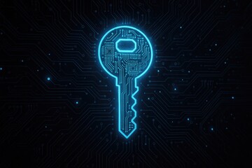 Digital key made of circuit board lines and glowing blue lights cybersecurity concept