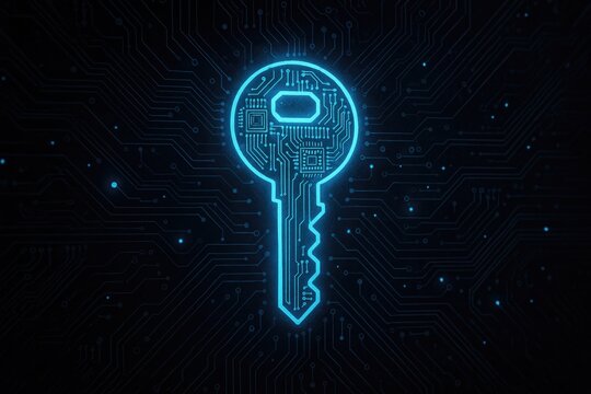 Digital key made of circuit board lines and glowing blue lights cybersecurity concept