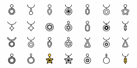 Collection of outline style necklaces and pendants with various geometric and floral designs displayed neatly
