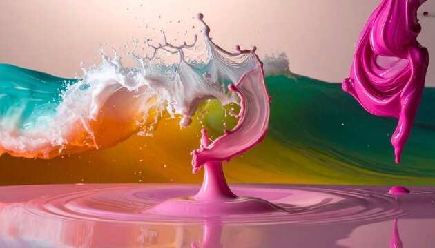 Dynamic Fusion: High-Speed Pink Liquid Crown Splash Interacting with White Fluid and Vibrant Rainbow Background