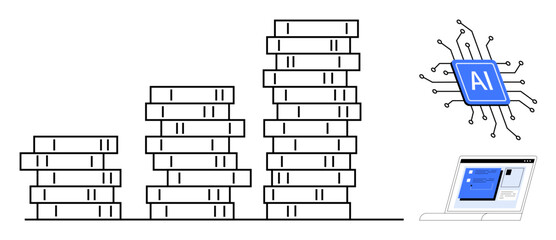 Stacked data visualizing growth next to an AI chip and a laptop screen. Ideal for technology, AI, machine learning, data management, automation, innovation, and digital transformation. Clean simple