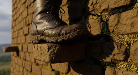 The worn leather of a hiking boot makes a strong upward step on a rugged stone facade, illustrating resilience and the climb to new heights