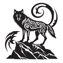 Obraz premium Tribal wolf silhouette standing proudly on rocky outcrop with ornate swirling tail and body markings