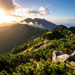 Mountain peak sunrise panorama