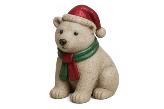 Polar bear figurine sitting erect, wearing a red santa hat and a red and green scarf, bringing holiday warmth. Transparent background