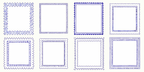 Collection of eight hand drawn blue square frames with decorative borders on a white background