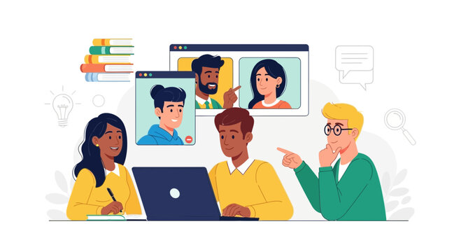 Collaborative Team Engaged In Digital Conferencing And Research, Sharing Ideas Online