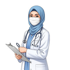 Muslim female doctor wearing hijab and mask holding a clipboard isolated on transparent background