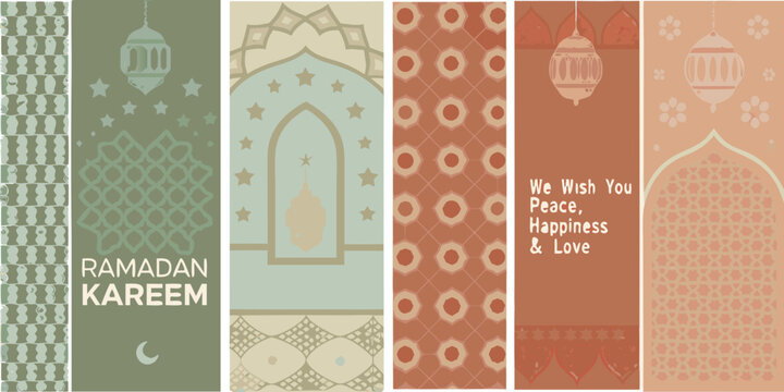 Ramadan kareem greeting with islamic patterns lanterns and stars in pastel colors