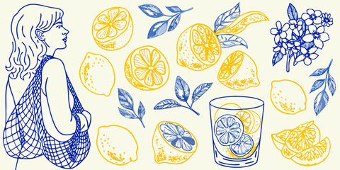 Woman carrying a bag of lemons with scattered lemons leaves and a glass of lemonade in a hand drawn style