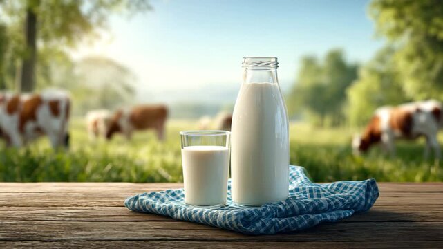 Serene Pastoral Morning: Fresh Milk on Rustic Table with Grazing Cows